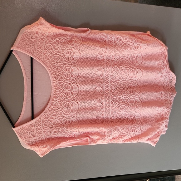 Light Pink Scoop Neck Lace Overlay Dressy T Shirt Top - Picture 1 of 4